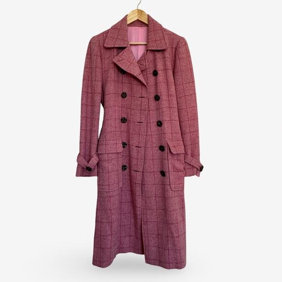 Vintage Pink Plaid Double-Breasted Coat Knee Length UK Size Small Belt Pockets - Picture 4 of 9